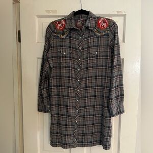 Johnny was plaid embroidered shirt dress, size S